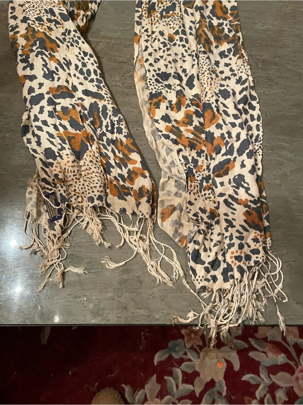 Lightweight tan and brown leopard Print Fringe Scarf